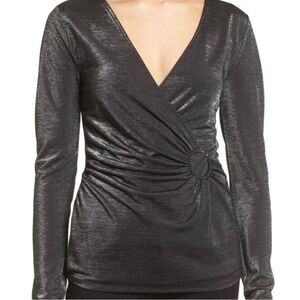 Trouve Metallic Black Faux Wrap Women’s Top Size XS